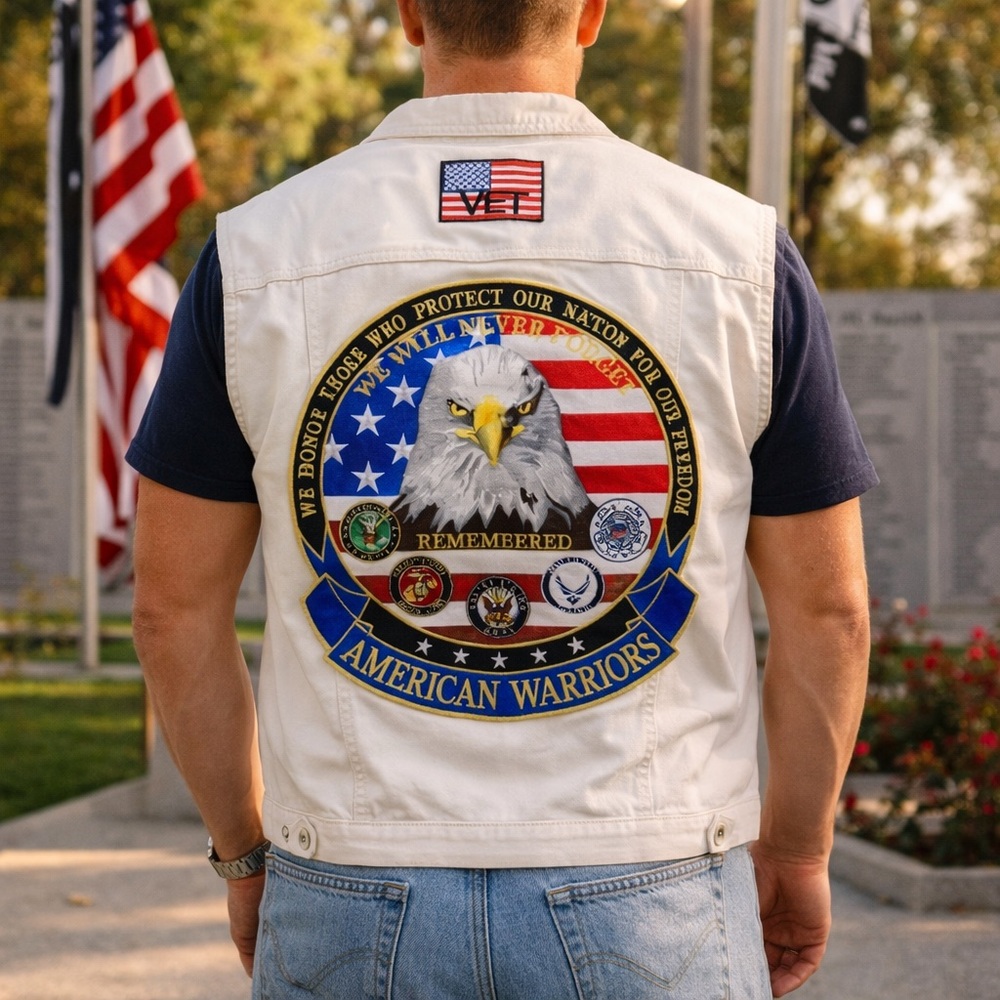 Patriotic Eagle Flag Patchwork Vest 3XL‎ Men’s Denim Look USA Military Veteran